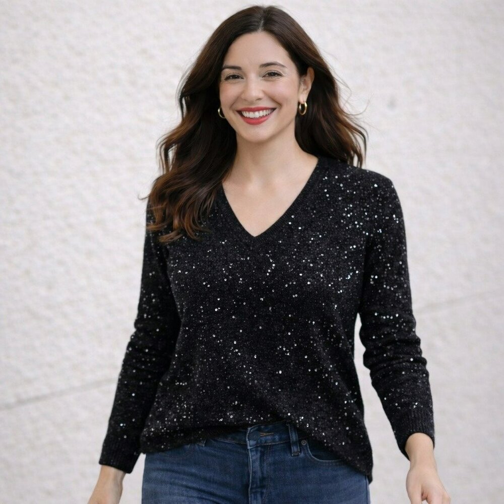 Charter Club 100% 2-Ply Cashmere Sequin V-Neck Sweater Womens Small